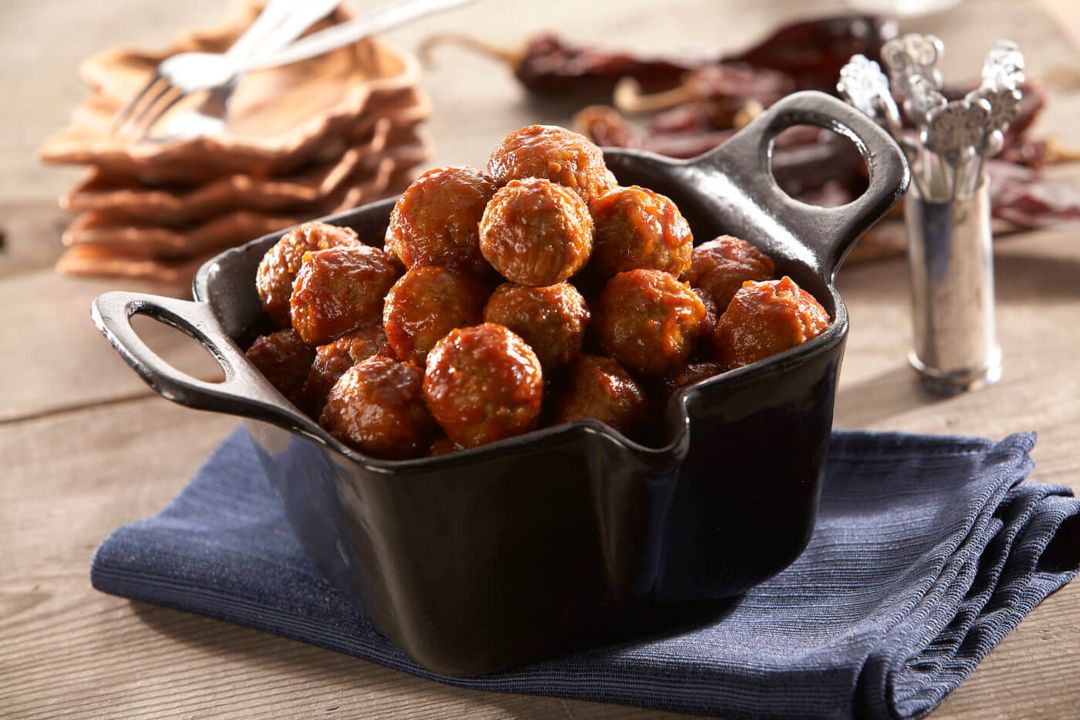 Rosina spicy chipotle meatballs in cast-iron pot