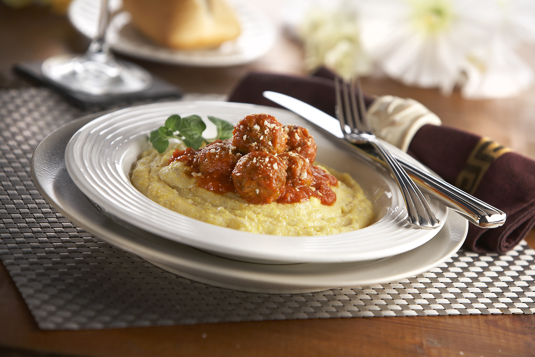 Creamy Polenta with Spicy Marinara and Italian Style Meatballs