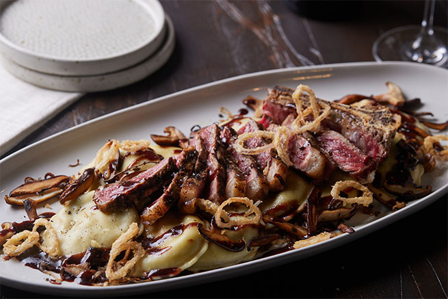 Celentano Portobello Mushroom Ravioli with Red Wine Sauce and Sear Steak