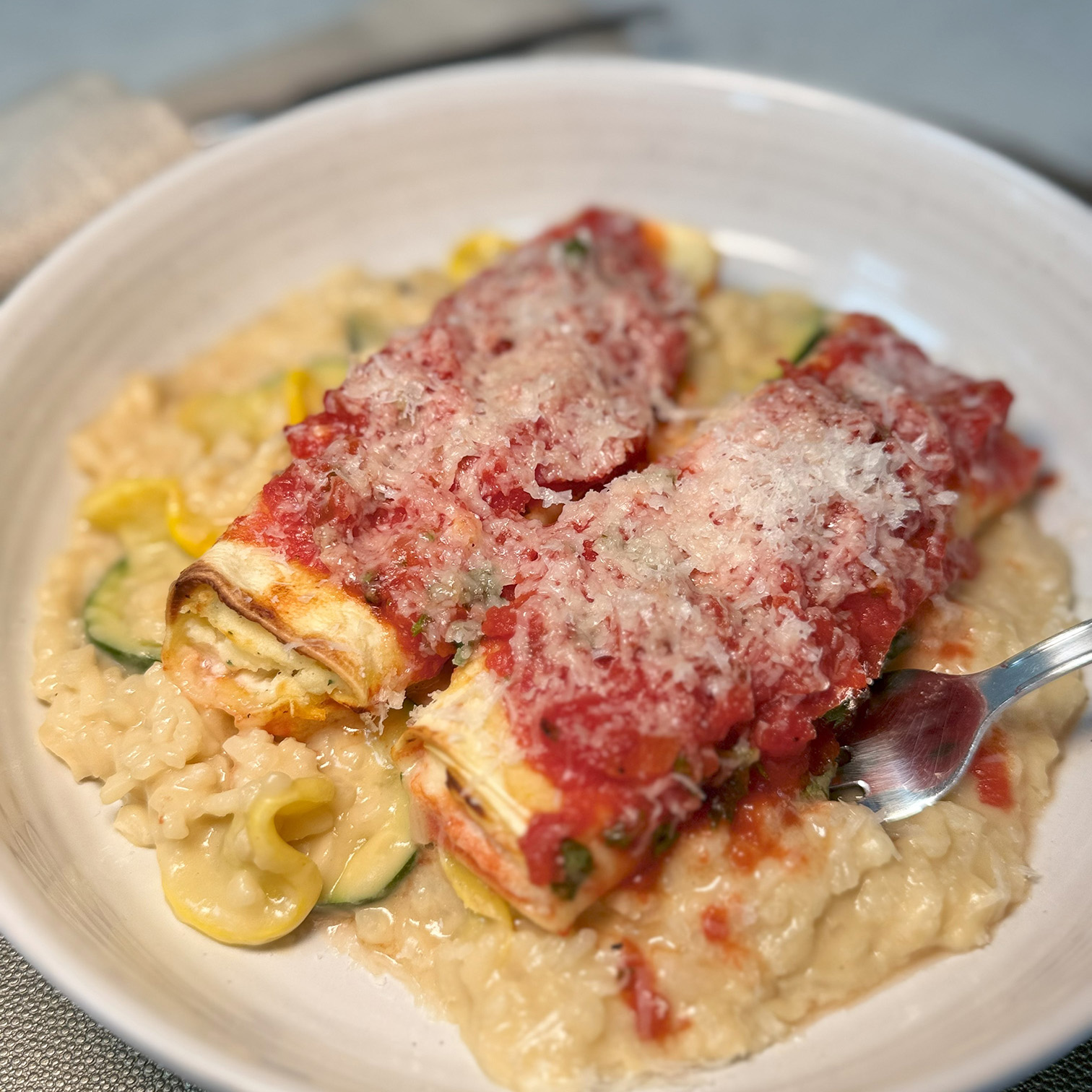 Celentano Cheese Manicotti with Parmesan Zucchini Risotto